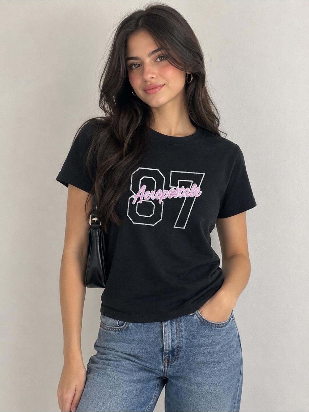Aeropostale Black Short Sleeve Tee with Pink Script and White Outline '87